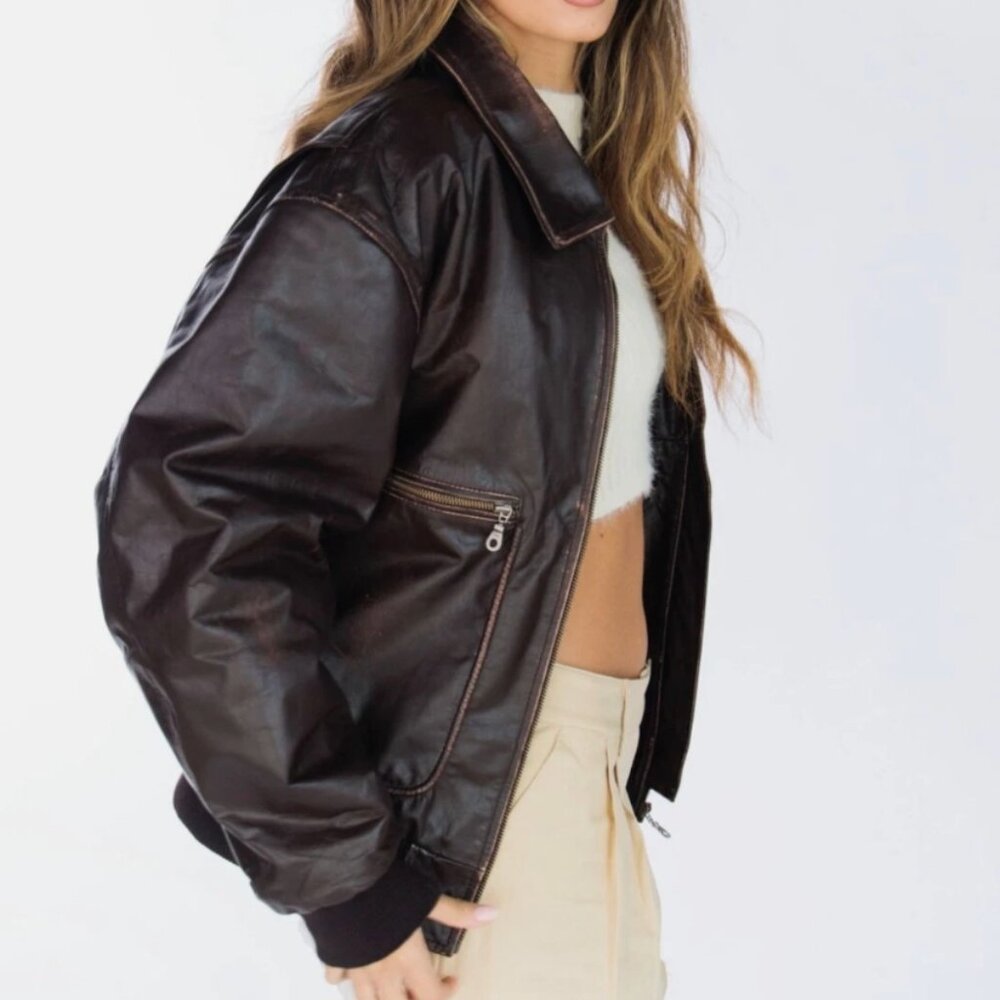 90's Distressed Brown Leather Bomber Jacket, Vintage Oversized